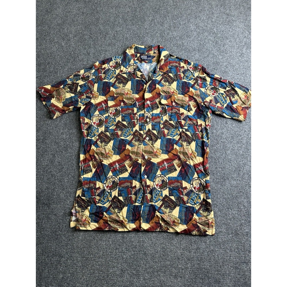 Mens Vintage 90s Polo Ralph Lauren Rayon Travel Print Shirt Singapore, Size M